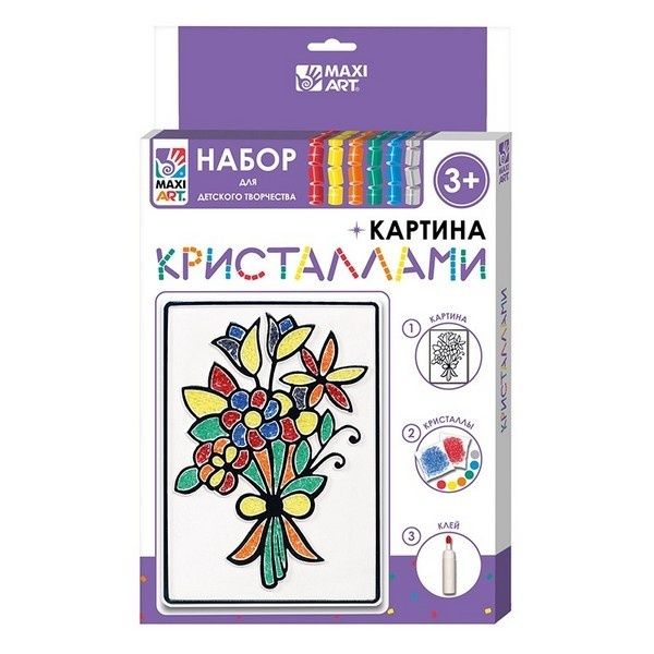 Набор для Детского Творчества, Картина Кристаллами, Букет Цветов, 12х18 см, в Коробке