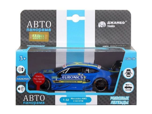 Машина "АВТОПАНОРАМА" Mercedes-AMG C 63 DTM, синий, 1/32, свет, звук, инерция, в/к 17,5*12,5*6,5 см