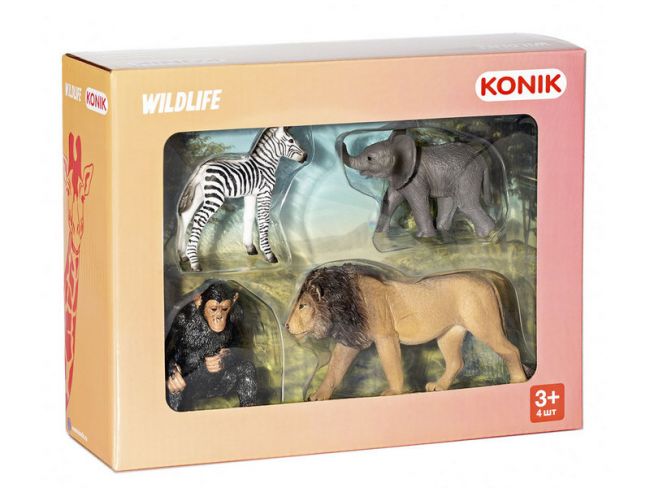 Фигурка KONIK набор диких животных: лев, шимпанзе, слоненок, зебра Фигурка KONIK набор диких животных: лев, шимпанзе, слоненок, зебра