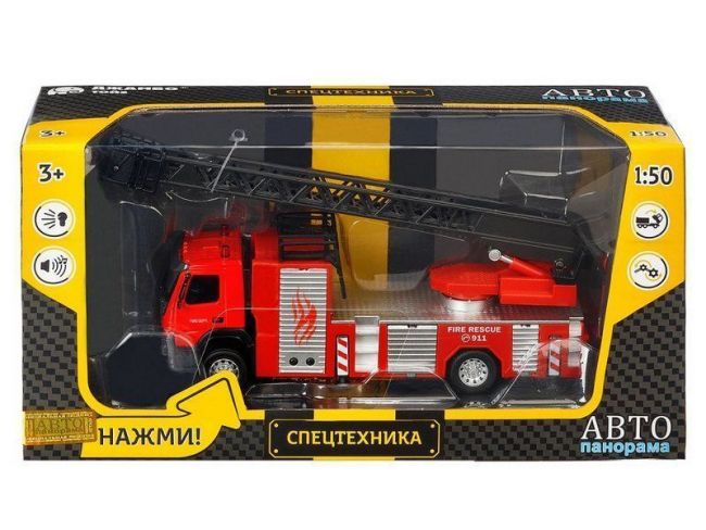 Машина "АВТОПАНОРАМА" Volvo пожарная машина-лестница, красный, 1/50, свет, звук, в/к 28*14*10 см Машина "АВТОПАНОРАМА" Volvo пожарная машина-лестница, красный, 1/50, свет, звук, в/к 28*14*10 см